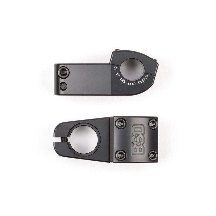 BSD Levelled Toploader Stem CNC machined 6061-T6 alloy bicycle stem with 27mm rise, 50mm reach, and 1" OS clamp size in matte black finish.