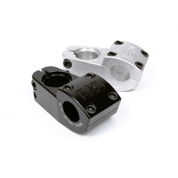 BSD Levelled Toploader Stem in black and silver, CNC machined from 6061-T6 aluminum, 27mm rise, 50mm reach, clamps 7/8" or 1" OS handlebars.