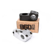 BSD Levelled Toploader Stem mid-rise 27mm CNC machined 6061-T6 aluminum BMX bike stem in black and silver with clamp sizes 7/8" or 1" OS.