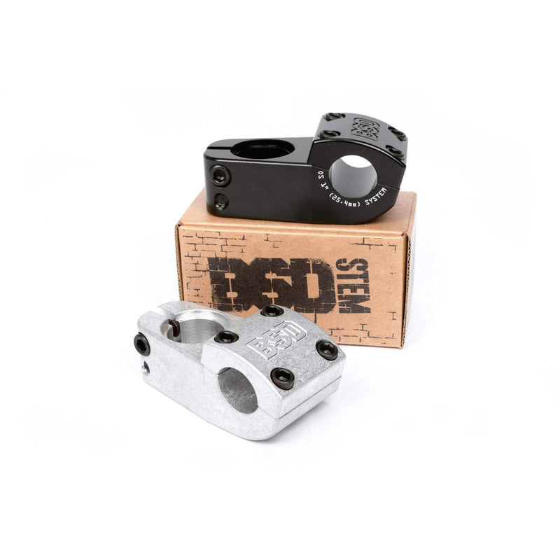 BSD Levelled Toploader Stem mid-rise 27mm CNC machined 6061-T6 aluminum BMX bike stem in black and silver with clamp sizes 7/8" or 1" OS.