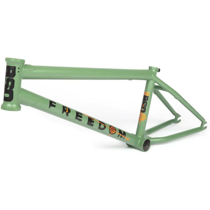 BSD Freedom Frame Kriss Kyle signature BMX bike frame in matte green with black and orange graphics, designed for versatile terrain riding.