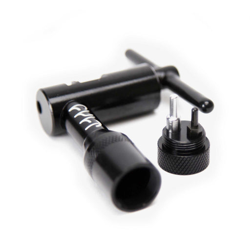 Black CNC machined Cult Chain Tool with detachable handle storing extra driving pins for 410, 510, and Half-link chains.