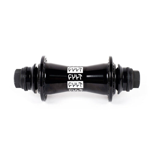 Black CULT CREW FRONT HUB with 6061 aluminum shell and precision push-thru female axle