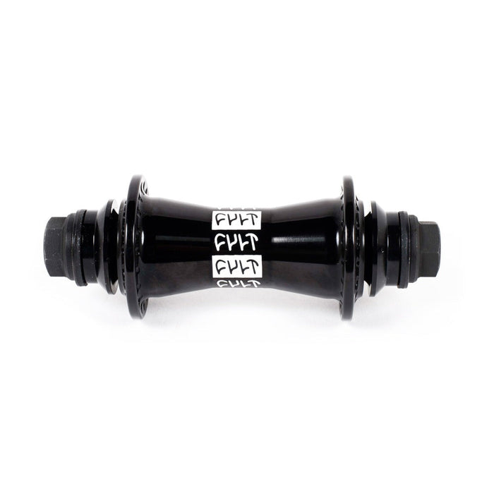 Black CULT CREW FRONT HUB with 6061 aluminum shell and precision push-thru female axle