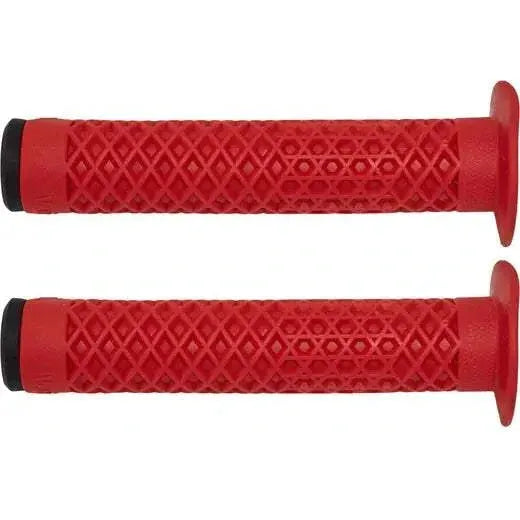 Red Cult VANS waffle grips with flange for BMX handlebars featuring waffle texture and soft rubber compound
