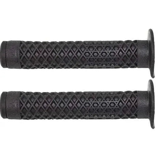 Pair of black Cult Vans waffle grips with flange for BMX handlebars featuring textured waffle design and soft Krayton rubber compound.