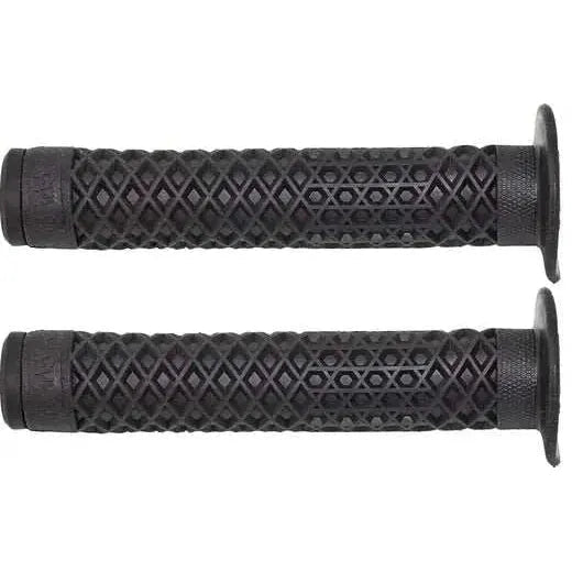 Pair of black Cult Vans waffle grips with flange for BMX handlebars featuring textured waffle design and soft Krayton rubber compound.