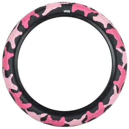 CULT VANS WAFFLE 16" x 2.3" bike tire with pink and black camouflage tread pattern inspired by Vans shoe sole, lightweight and grippy