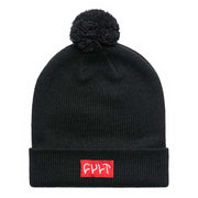 Black CULT POMBOM BEANIE with pom pom and red logo patch, warm and stylish winter accessory