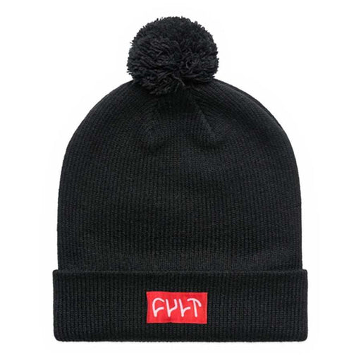 Black CULT POMBOM BEANIE with pom pom and red logo patch, warm and stylish winter accessory