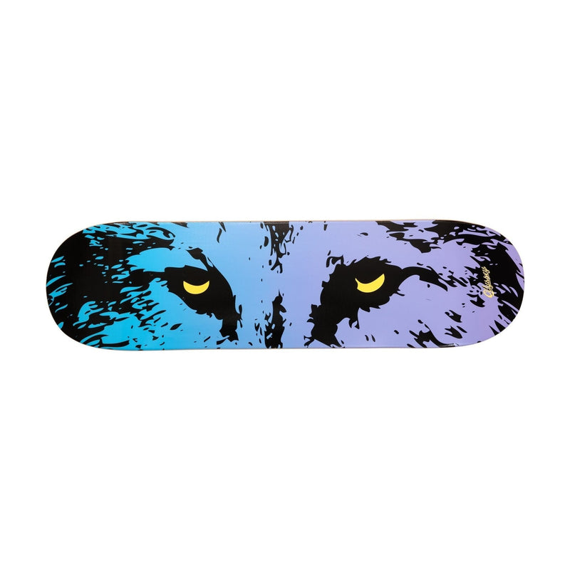 ODYSSEY NIGHTWOLF skateboard deck with blue and purple wolf eyes graphic design