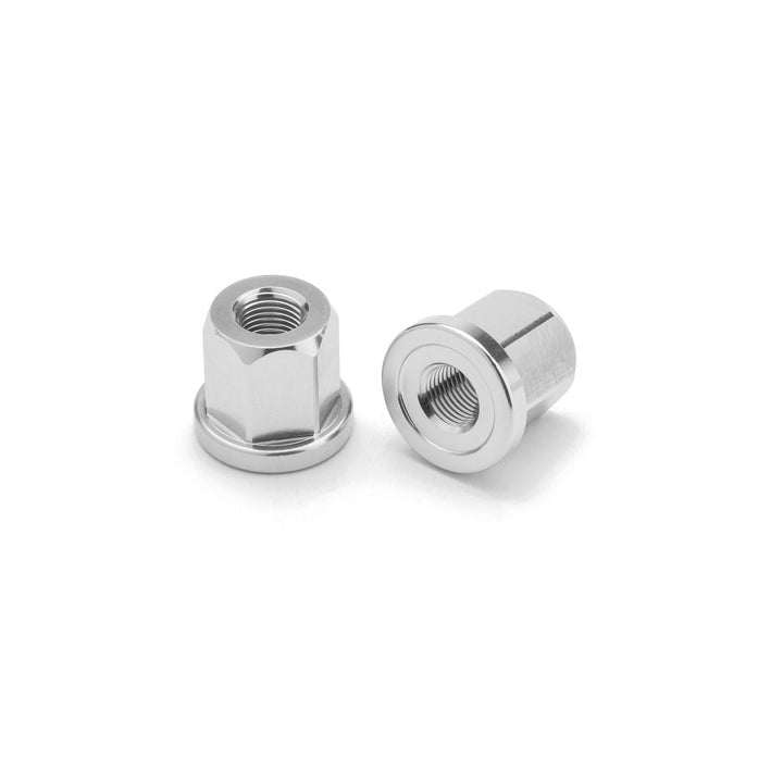 Pair of MISSION aluminum axle nuts 17mm hex, lightweight 7075-T6 aluminum, fits 3/8" and 14mm threads.