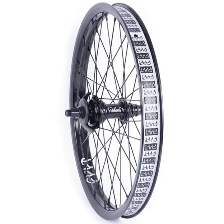 CULT ASTRONOMICA freecoaster rear BMX wheel with black rim and hub featuring branded spoke decals