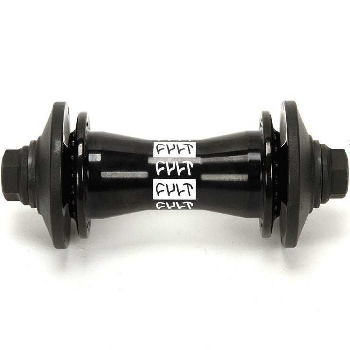 Black CULT MATCH front hub axle set with female axle, bearings, cones, and bolts with washers