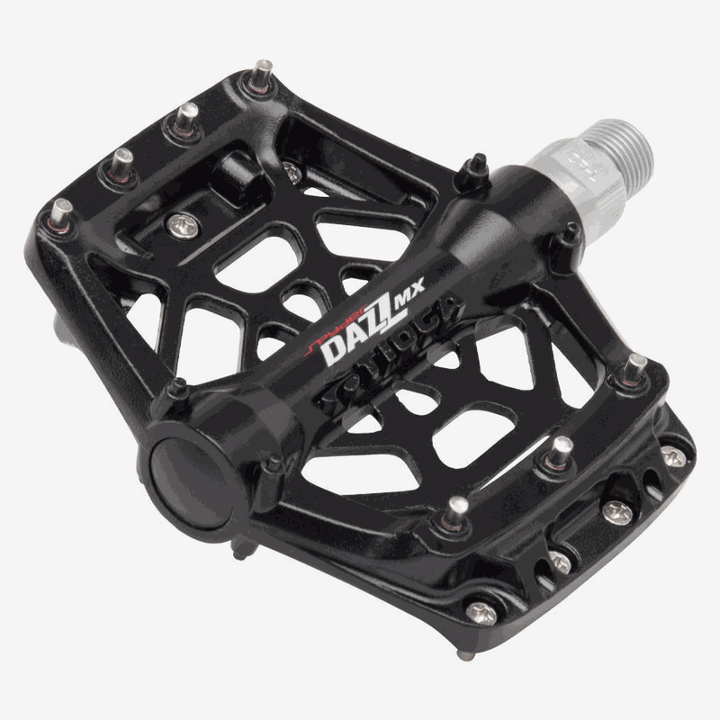 Tioga Dazz MX black die-cast alloy compact BMX bike pedal with replaceable traction pins and 2DU dual bushing system