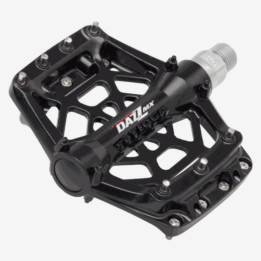 Tioga Dazz MX black die-cast alloy compact BMX bike pedal with replaceable traction pins and 2DU dual bushing system