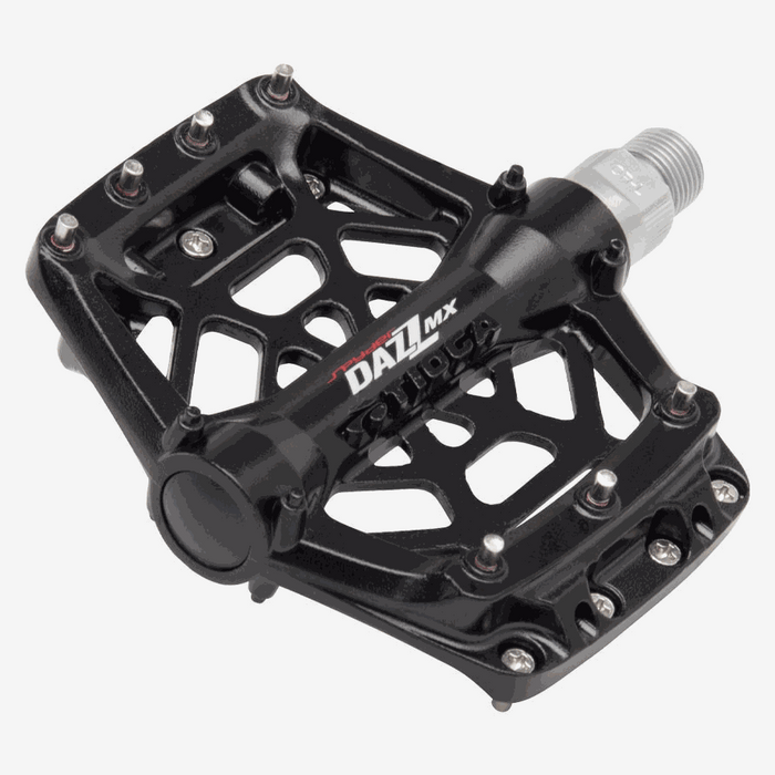 Tioga Dazz MX black die-cast alloy compact BMX bike pedal with replaceable traction pins and 2DU dual bushing system