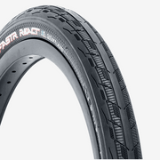 Tioga FASTR REACT S-SPEC ultralight folding bead tire with serrated shoulder treads for fast acceleration and smooth track performance.
