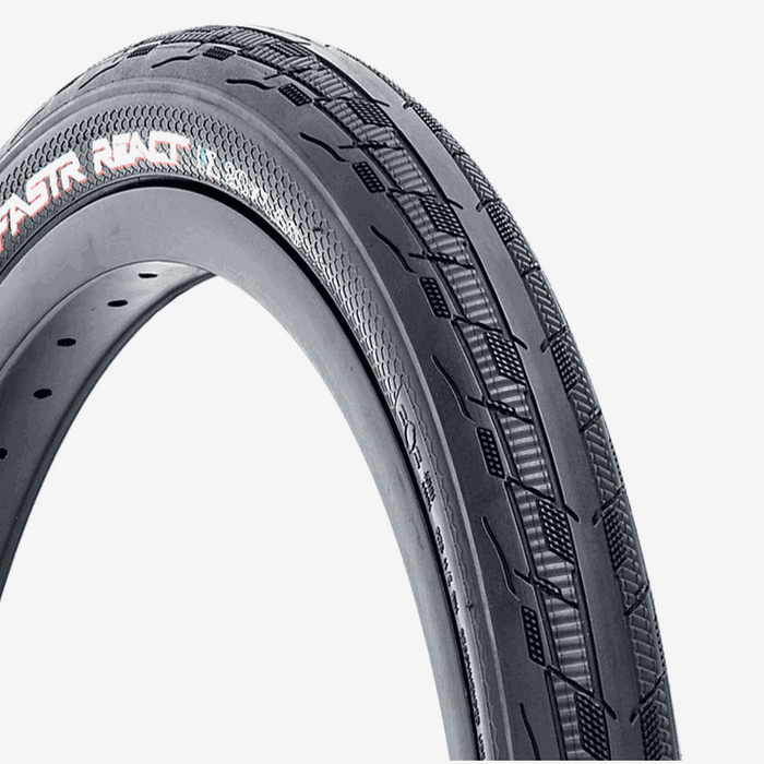 Tioga FASTR REACT S-SPEC ultralight folding bead tire with serrated shoulder treads for fast acceleration and smooth track performance.