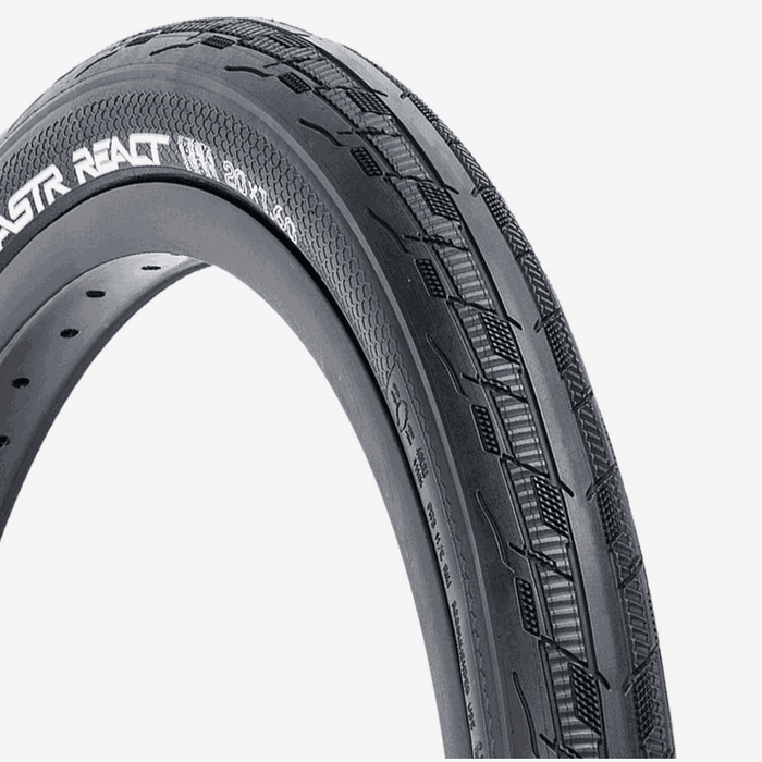 Tioga FASTR REACT ultra-lightweight bike tire with serrated shoulder treads for enhanced acceleration and smooth performance