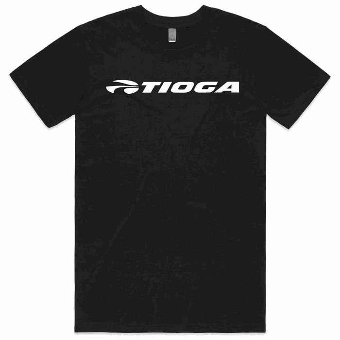 Black TIOGA logo T-shirt made of 100% cotton with short sleeves and crew neck, featuring a classic fit and high-quality screen print on the front.