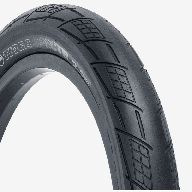 TIOGA SPECTR TIRE with rounded tread and GripPod clusters for enhanced cornering grip and 20 x 2.25” steel bead design.