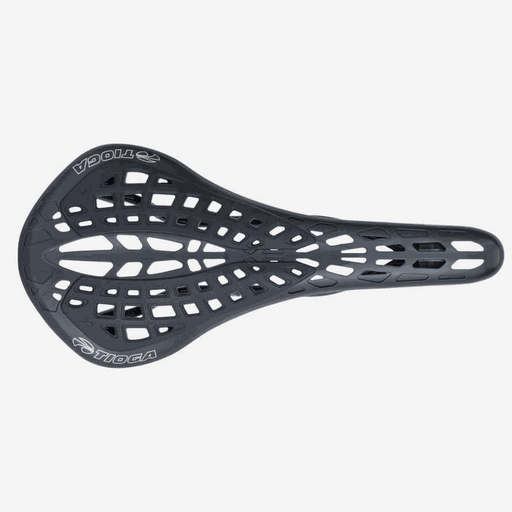 TIOGA SPYDER STRATUM lightweight black carbon fiber bike saddle with flexile composite shell and ventilated design