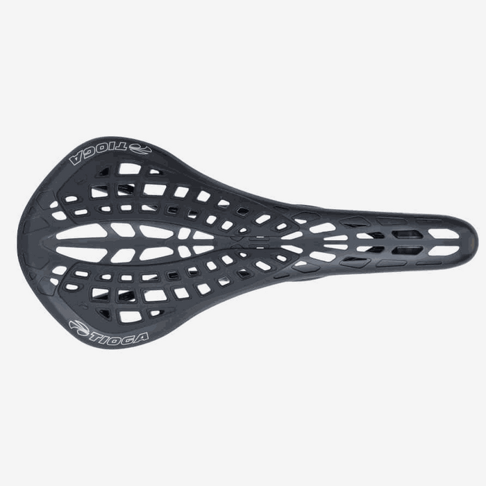 TIOGA SPYDER STRATUM lightweight black carbon fiber bike saddle with flexile composite shell and ventilated design