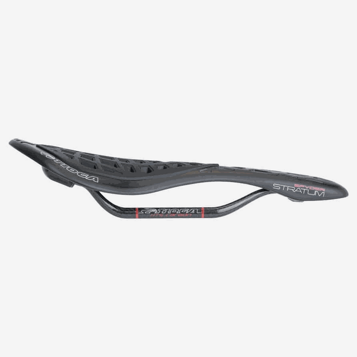 TIOGA SPYDER STRATUM carbon fiber bike saddle with dual-density composite base and flexile web cover.