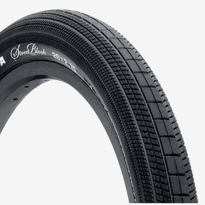 TIOGA STREETBLOCK BMX tire with PneuMax 100 PSI casing, all-purpose rubber compound, and steel bead, size 20 x 2.15 inches.