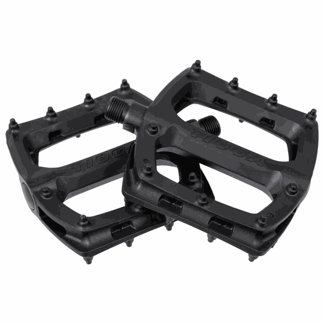 Pair of black Tioga Surefoot slim nylon bike pedals with large grip pins and 9/16 inch thread