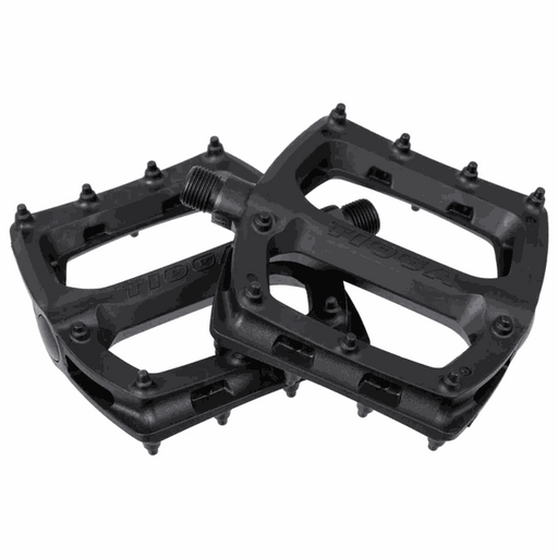 Pair of black Tioga Surefoot slim nylon bike pedals with large grip pins and 9/16 inch thread
