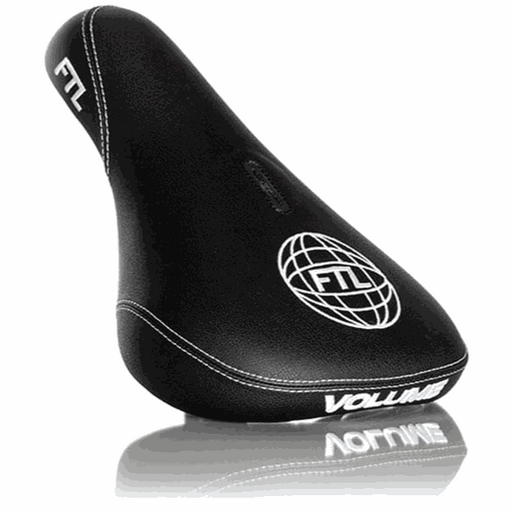 Black VOLUME FTL pivotal bike seat with embroidered FTL logo and white stitching