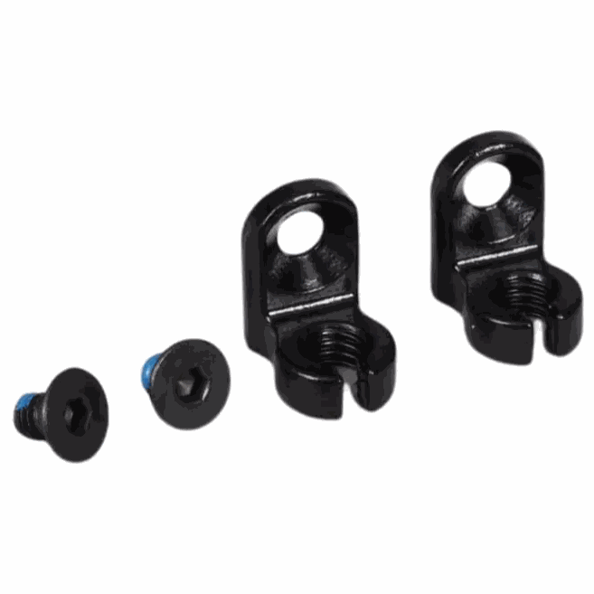 Pair of black steel Volume Gyro-Tabs with mounting screws for BMX frame head tube cable adjustment