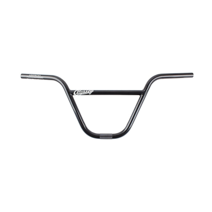 ODYSSEY UPPER CUT 9-inch rise 27.5-inch wide black BMX handlebar made of heat-treated 4130 chromoly with large radius bends.