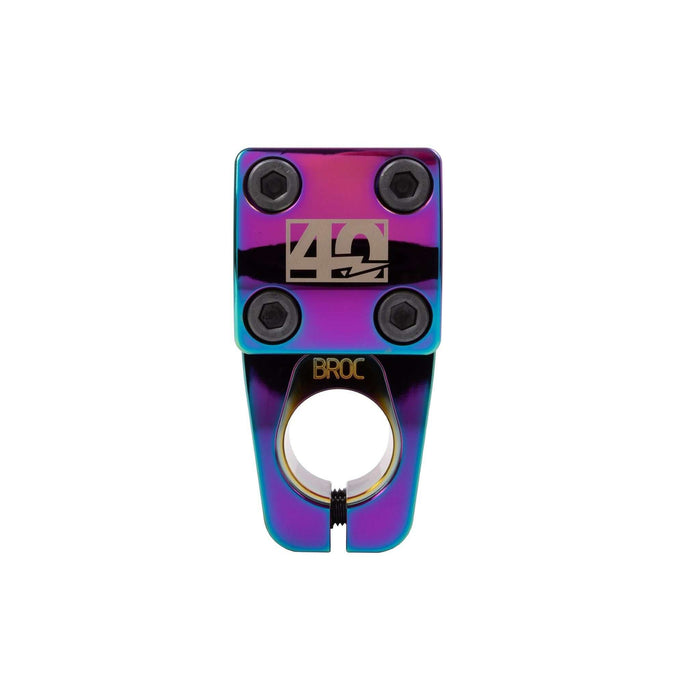 Odyssey BROC V2 stem with 40th anniversary laser etching, six-bolt clamp, and iridescent finish