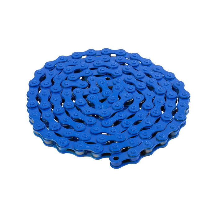 ODYSSEY BLUEBIRD blue bicycle chain coiled on white background