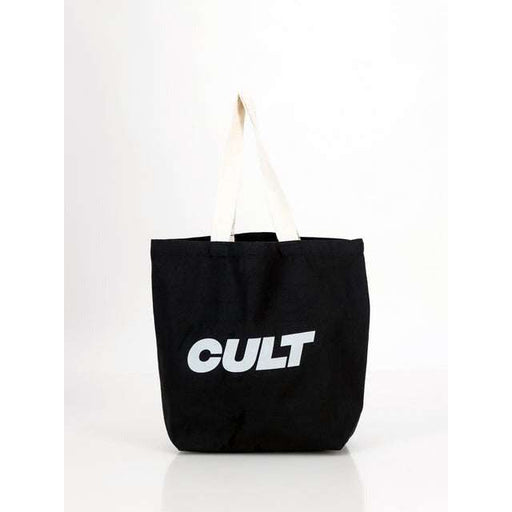 Black tote bag with white "CULT" text and white handles, durable and spacious design for everyday use.
