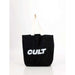 Black tote bag with white "CULT" text and white handles, durable and spacious design for everyday use.