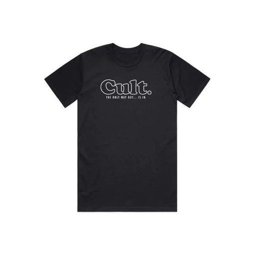 Black CULT ONLY WAY OUT graphic t-shirt with white text design on front