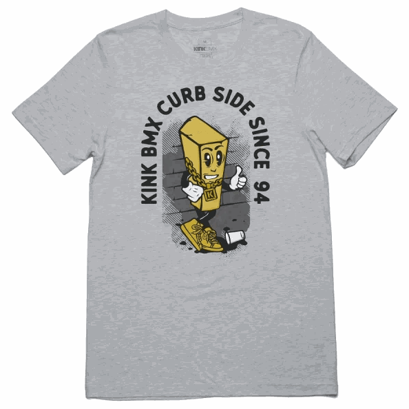 Gray KINK CURB MAN T-SHIRT with cartoon curb graphic and black text "KINK BMX CURB SIDE SINCE 94" on front, 100% cotton, normal fit.