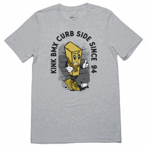 Gray KINK CURB MAN T-SHIRT with cartoon curb graphic and black text "KINK BMX CURB SIDE SINCE 94" on front, 100% cotton, normal fit.