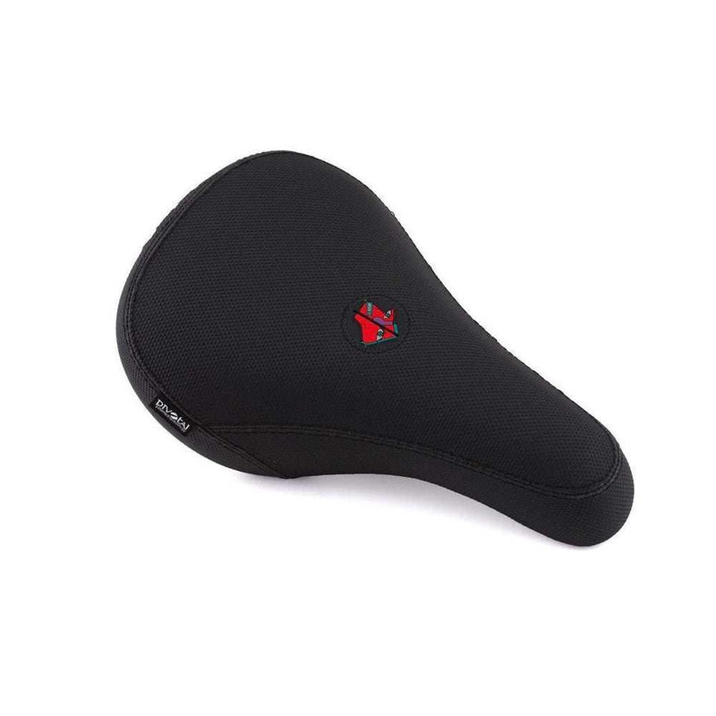 Primo Yumi Pivotal Seat black BMX bike seat with mid-padding and Kevlar cover featuring red Yumi Tsukuda logo and special Pivotal rubber patch
