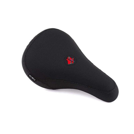 Primo Yumi Pivotal Seat black BMX bike seat with mid-padding and Kevlar cover featuring red Yumi Tsukuda logo and special Pivotal rubber patch