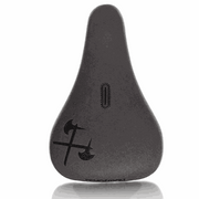 Black microfiber BMX bike seat with embossed crossed axes logo, slim design, pivotal mount.