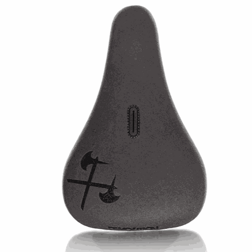 Black microfiber BMX bike seat with embossed crossed axes logo, slim design, pivotal mount.
