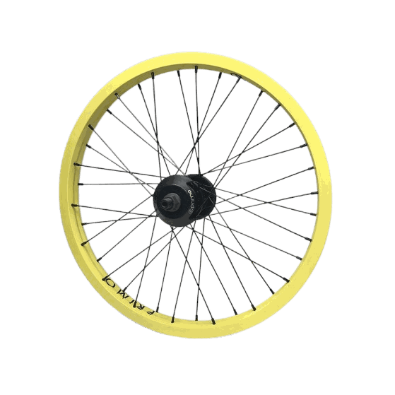 Primo Balance yellow double-wall rim cassette rear wheel with black spokes and hub