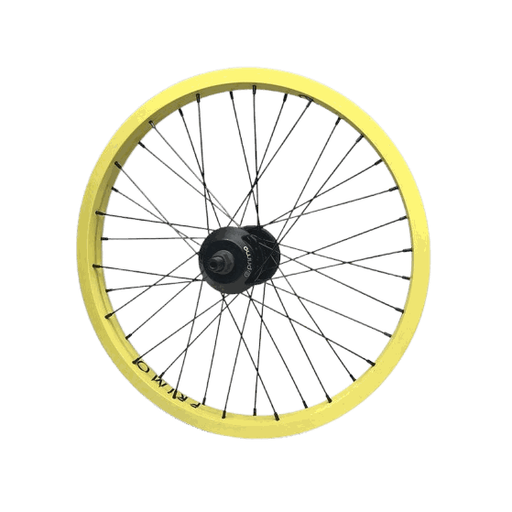 Primo Balance yellow double-wall rim cassette rear wheel with black spokes and hub