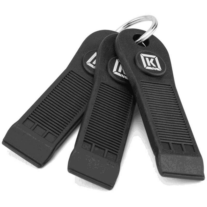 Set of three black Kink Tire Levers with textured grip and keyring for easy tire removal.