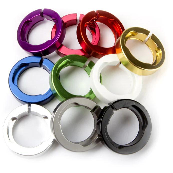 Set of colorful ODI clamps for Lock-On grip system, compatible with dual clamp MTB, BMX, ATV grips, anodized in ten colors.